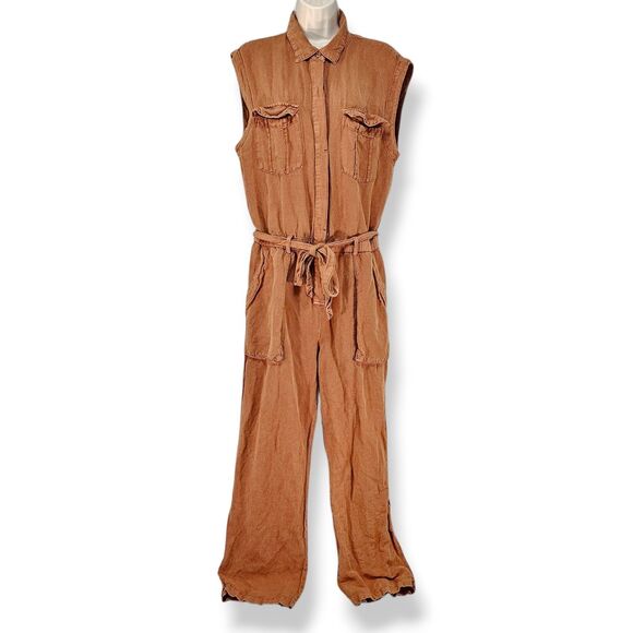 Young Fabulous & Broke Cuba Jumpsuit Caramel Linen Blend Utility Large - Picture 1 of 5